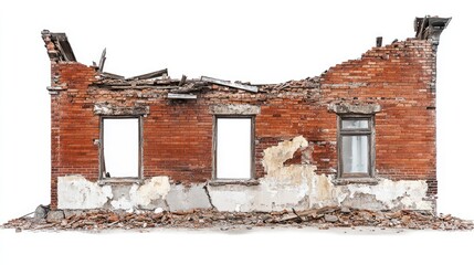 Poster - A side angle of a demolished building, with broken windows and crumbled bricks, isolated on white, emphasizing the aftermath of destruction
