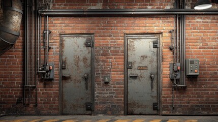 Poster - A side view of asymmetrical metal doors in an old brick wall, leading into a transformer area, emphasizing the raw, industrial textures