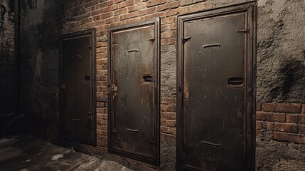 Poster - A side view of asymmetrical metal doors within a weathered brick wall, creating a stark, industrial entrance to a transformer area