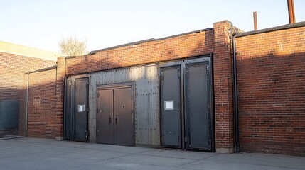 Poster - A side view of asymmetrical metal doors within a weathered brick wall, creating a stark, industrial entrance to a transformer area