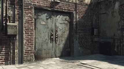 Poster - A side view of asymmetrical metal doors within a weathered brick wall, creating a stark, industrial entrance to a transformer area