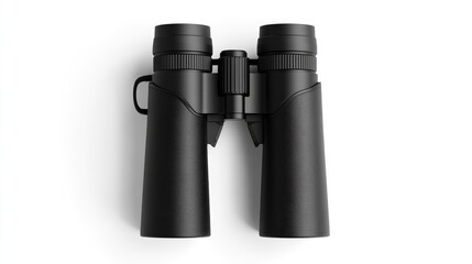 Poster - A single black binoculars with ergonomic grips and glossy lenses, isolated on a clean white background, ideal for outdoor or adventure-focused visuals