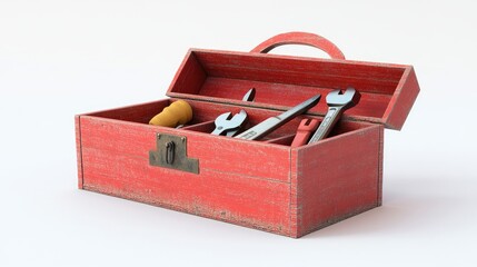 Poster - A single red wooden toolbox, open and filled with essential tools, isolated on a white background, emphasizing its classic design and functionality