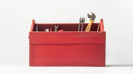 Poster - A single red wooden toolbox, painted with a vibrant finish, filled with visible tools, isolated on a plain white background, showcasing an organized workspace