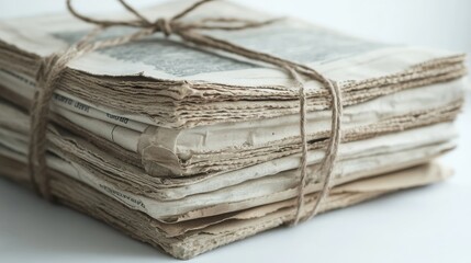 Poster - A stack of old, aged newspapers tied with a thin rope, with visible creases and faded print, resting on a clean white background for a vintage effect