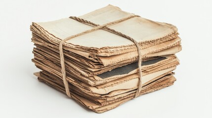 Poster - A stack of old, aged newspapers tied with a thin rope, with visible creases and faded print, resting on a clean white background for a vintage effect