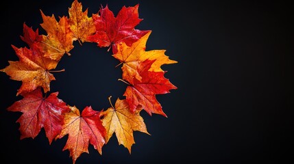 Poster - A stunning autumn leaf circle in bright reds, oranges, and yellows, framed by golden light on a dark background, capturing the essence of fall