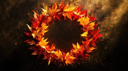 Poster - A stunning autumn leaf circle in bright reds, oranges, and yellows, framed by golden light on a dark background, capturing the essence of fall