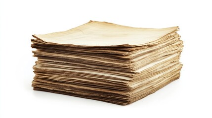 Poster - A vintage pyramid stack of newspapers, with yellowed pages and visible creases, isolated on a clean white background to showcase the texture