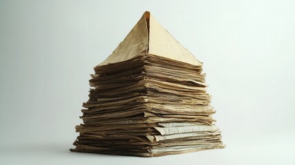 Poster - A vintage pyramid stack of newspapers, with yellowed pages and visible creases, isolated on a clean white background to showcase the texture