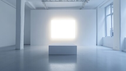 Poster - A white studio room featuring a simple white podium, lit with soft, diffused white light, creating a pure and minimalist ambiance