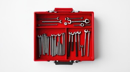 Poster - An open red toolbox with screws, nails, and basic tools inside, centered on a white background, showcasing the contents in a practical, clean layout