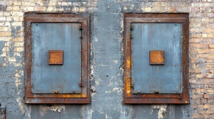 Poster - Asymmetrical metal doors embedded in a weathered brick wall, marking the entrance to a transformer area, creating a raw industrial aesthetic