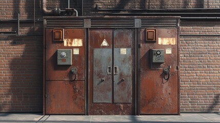 Poster - Close-up of asymmetrical metal doors set into an old brick wall, giving a rough, industrial look to the entrance of a transformer area