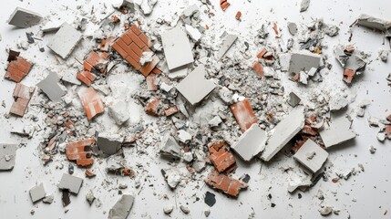 Poster - Construction rubble, featuring bricks, concrete blocks, and steel fragments, scattered across a clean white surface, capturing the chaotic nature of demolition
