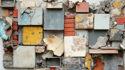 Poster - Construction rubble, featuring cement, bricks, and metal pieces, artistically framed on a white surface, offering a visually rugged industrial scene
