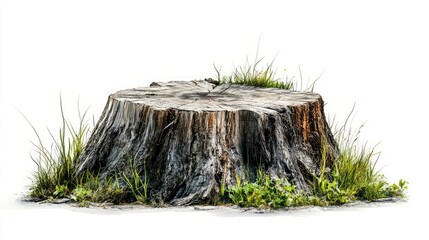 Poster - Detailed side view of a weathered wooden stump with grass growing around it, emphasizing its textures, against a white backdrop