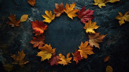 Poster - Fall leaves in rich autumn colors, arranged in a perfect circle and surrounded by subtle golden light, set against a dark backdrop for a dramatic effect
