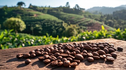 Poster - Roasted coffee beans placed on a wooden surface, with farmers working in a vibrant coffee plantation and coffee trees growing on a hilly terrain in the background
