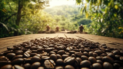 Poster - Roasted coffee beans on a rustic wooden floor, with farmers in the background working on a coffee plantation surrounded by coffee trees on a hill