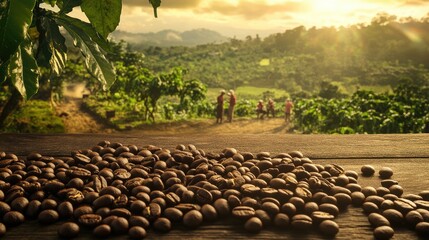 Poster - Roasted coffee beans placed on a wooden surface, with farmers working in a vibrant coffee plantation and coffee trees growing on a hilly terrain in the background