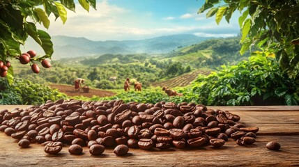 Poster - Roasted coffee beans placed on a wooden surface, with farmers working in a vibrant coffee plantation and coffee trees growing on a hilly terrain in the background