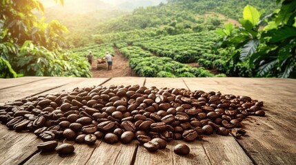 Poster - Roasted coffee beans scattered on a wooden floor, with farmers working in a coffee plantation in the background, surrounded by lush coffee trees on a hilltop