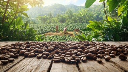 Poster - Roasted coffee beans scattered on a wooden floor, with farmers working in a coffee plantation in the background, surrounded by lush coffee trees on a hilltop