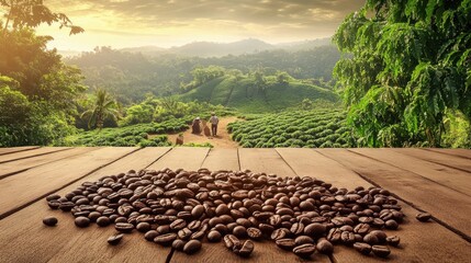 Poster - Roasted coffee beans scattered on a wooden floor, with farmers working in a coffee plantation in the background, surrounded by lush coffee trees on a hilltop