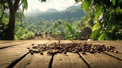 Poster - Roasted coffee beans scattered on a wooden floor, with farmers working in a coffee plantation in the background, surrounded by lush coffee trees on a hilltop