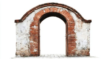 Poster - Side view of a weathered red brick gate archway with rustic appeal, captured against a white background, emphasizing its texture