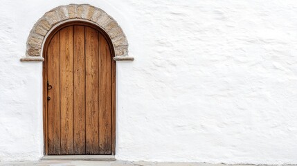 Poster - Side view of a wooden door with a stone arch, isolated against a pristine white wall, emphasizing the contrast between the rustic wood and smooth stone