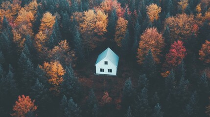 Canvas Print - A cozy cabin nestled in the heart of a colorful autumn forest as dusk approaches, offering a tranquil escape into nature's beauty