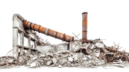 Poster - Structural ruins from a demolished building, with exposed pipes and scattered rubble, isolated on a clean white background, emphasizing destruction and industrial decay