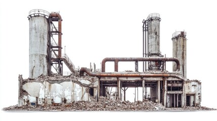 Poster - Structural ruins from a demolished building, with exposed pipes and scattered rubble, isolated on a clean white background, emphasizing destruction and industrial decay