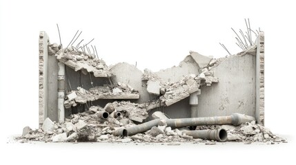 Poster - Structural ruins of a demolished building with exposed pipes and scattered rubble, isolated on a white background, showcasing the aftermath of destruction