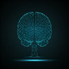 abstract digital brain with binary code and glowing blue light effect on black background
