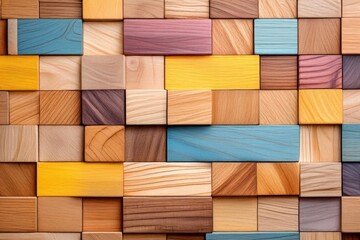 Wall Mural - Colorful wooden blocks forming a textured wall. (1)