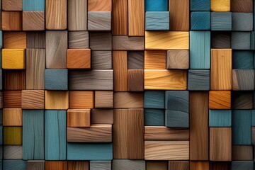 Wall Mural - Abstract colorful wooden block wall texture background. (1)