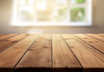 Poster - Empty wooden table against blurred window.