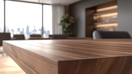 Poster - Close-up of sleek, dark wood table in modern office.