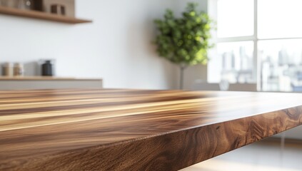 Poster - Close-up of a polished wooden table in a bright kitchen.