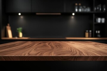 Poster - Dark wood kitchen counter, blurred background.