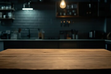 Aufkleber - Dark wooden table in a dimly lit kitchen. (1)