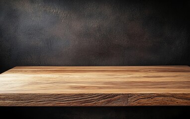 Poster - Empty wooden table against dark textured wall.