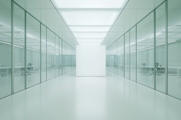 Poster - Modern minimalist glass office hallway with bright lighting and blank wall.