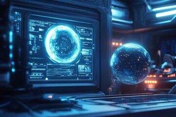 Poster - Futuristic control room with holographic globe and advanced digital interface.