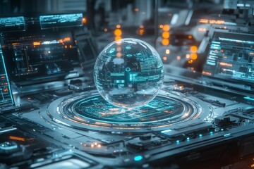 Poster - Futuristic globe on digital control panel.