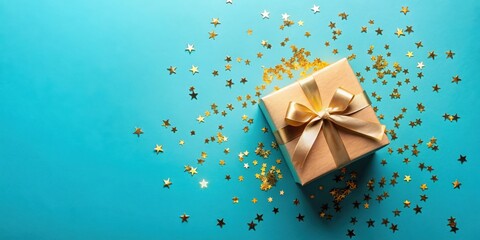 Wall Mural - A golden gift box with a satin ribbon bow amidst scattered golden stars on a teal background