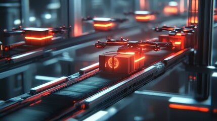 Poster - Futuristic conveyor belt system with glowing packages being sorted by drones